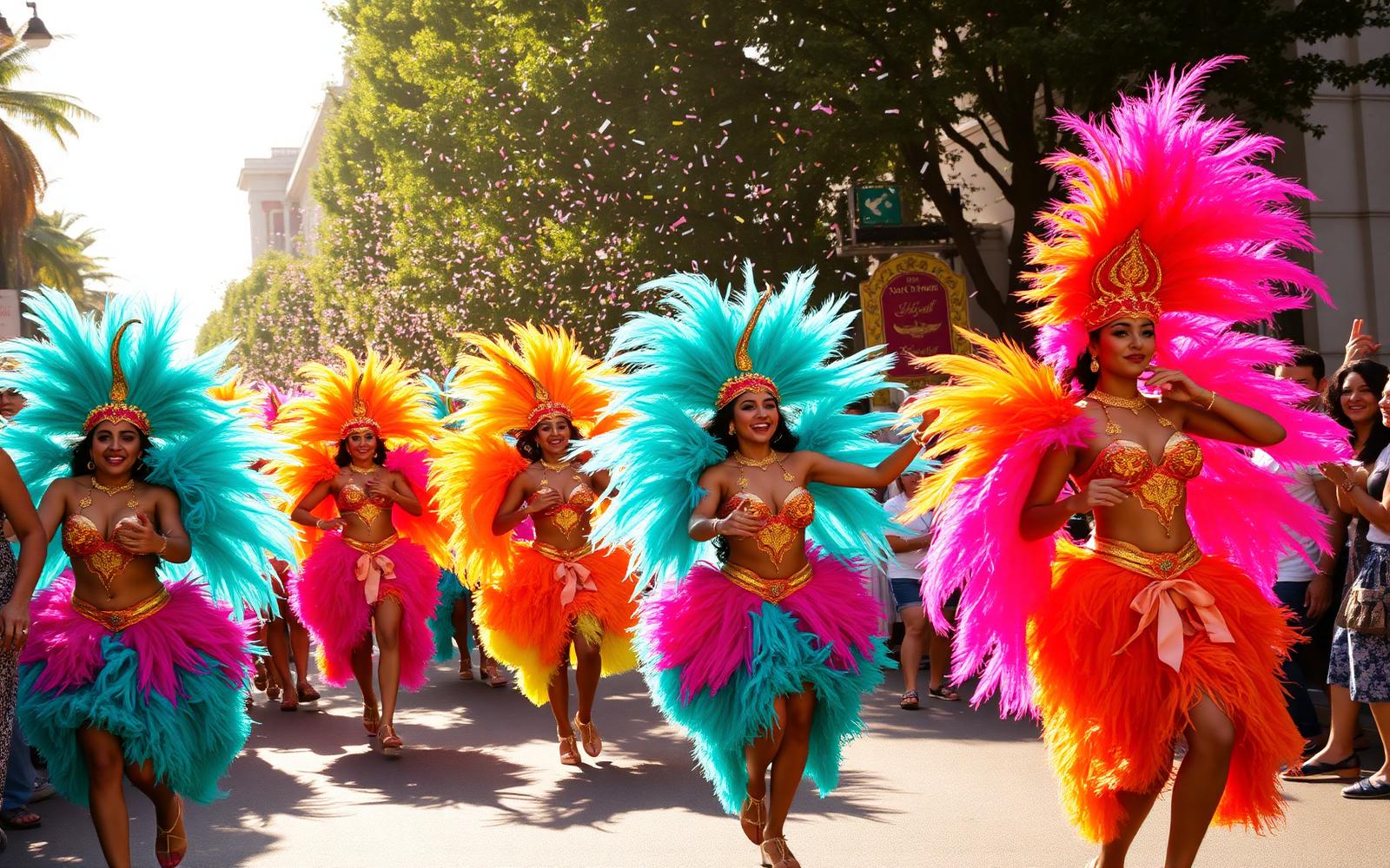 Carnival dancers in bright feathered costumes at a street parade