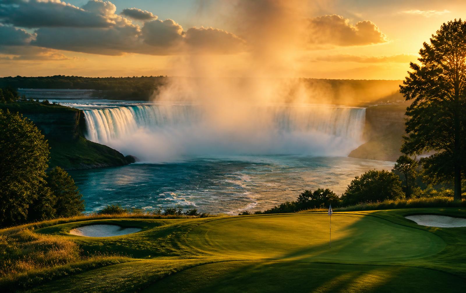 Niagara Falls at golden hour beyond a manicured golf green